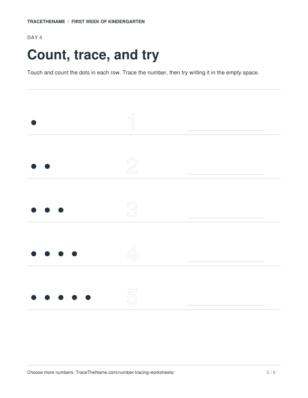 Number practice page from the pack, with counting dots, traceable digits 1 to 5, and blank writing spaces